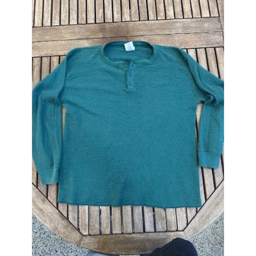 Fruit of the Loom Thermal Waffle Knit Henley Shirt Dark Teal Green Size 3XL
